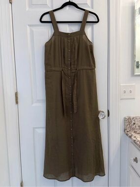 Etam Sleeveless Olive Button-Front Maxi Dress with Tie Waist